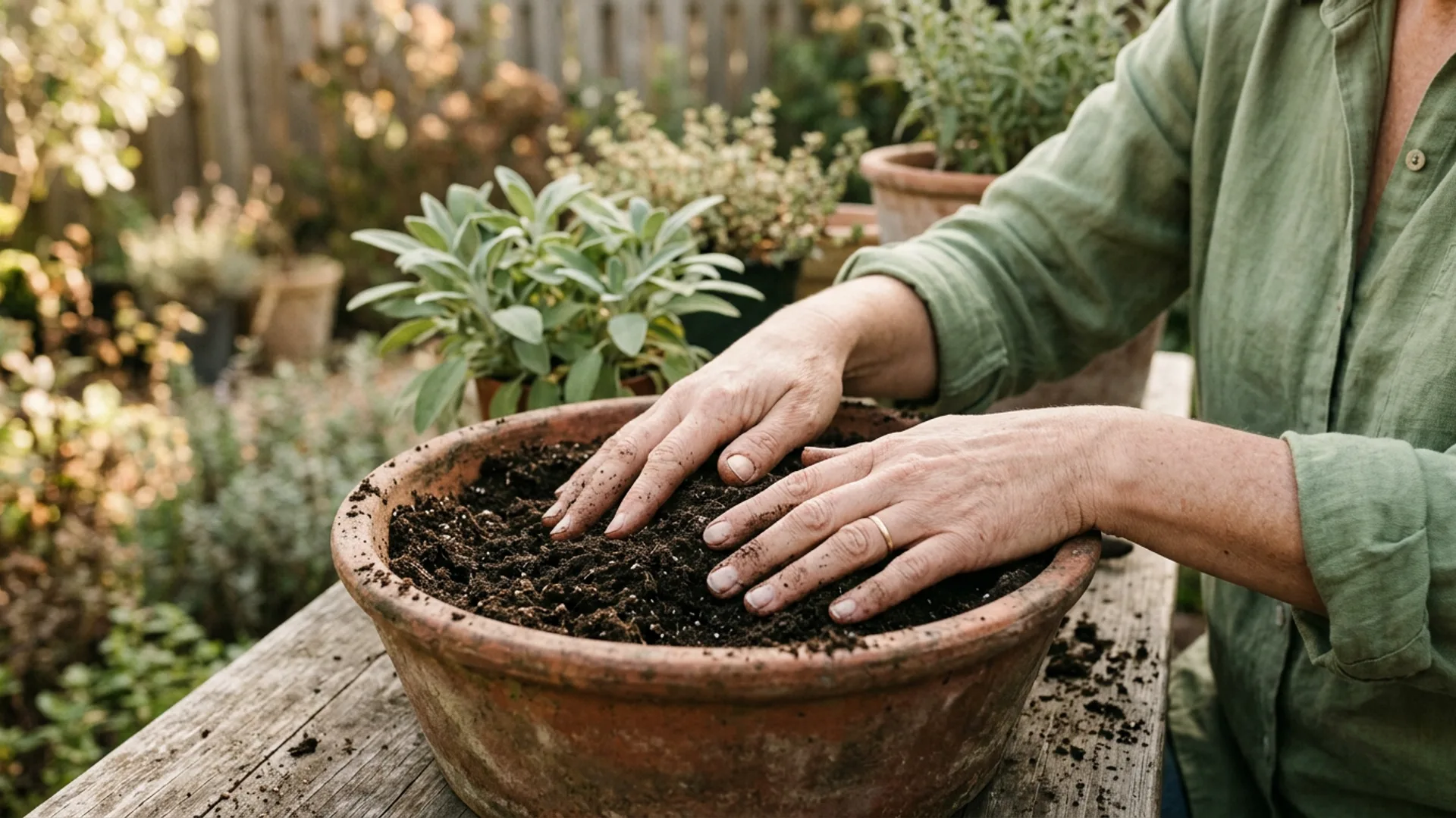 A peaceful home garden bathed in soft morning light
